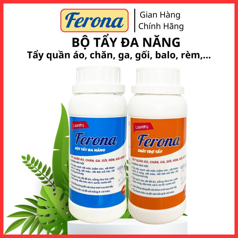 Bộ tẩy quần áo đa năng Ferona 500g/2 chai; Hỗ trợ  làm sạch vết mực bút máy màu tím và màu xanh, vết mốc, thâm kim, nhựa chuối, trà, cafe, rượu vang, vết két bẩn, vết dầu mỡ  bám trên đồ vải