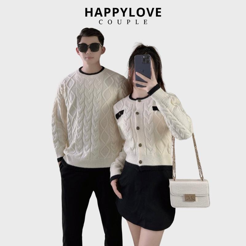  Set couple áo len đôi nam nữ kiểu dáng hàn quốc HAPPYLOVE màu be kem viền đen sang trọng dày đẹp cho cặp đôi M144 