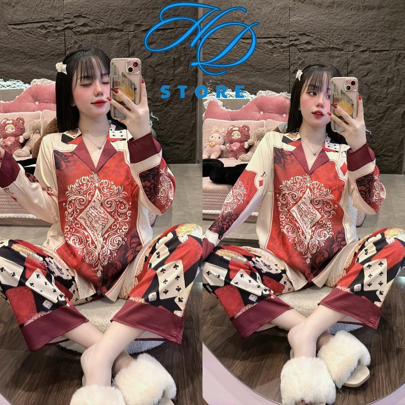 DƯỚI 58Kg Dưới 1’63 [ Mẫu Tết ] Đồ Bộ Nữ Lụa Latin Mặc Nhà Áo Tay Dài Thiết Kế Ken Xanh Ger Đỏ Đồ ngủ Bộ Ngủ Pijama Lịch Nho - HD STORE 8