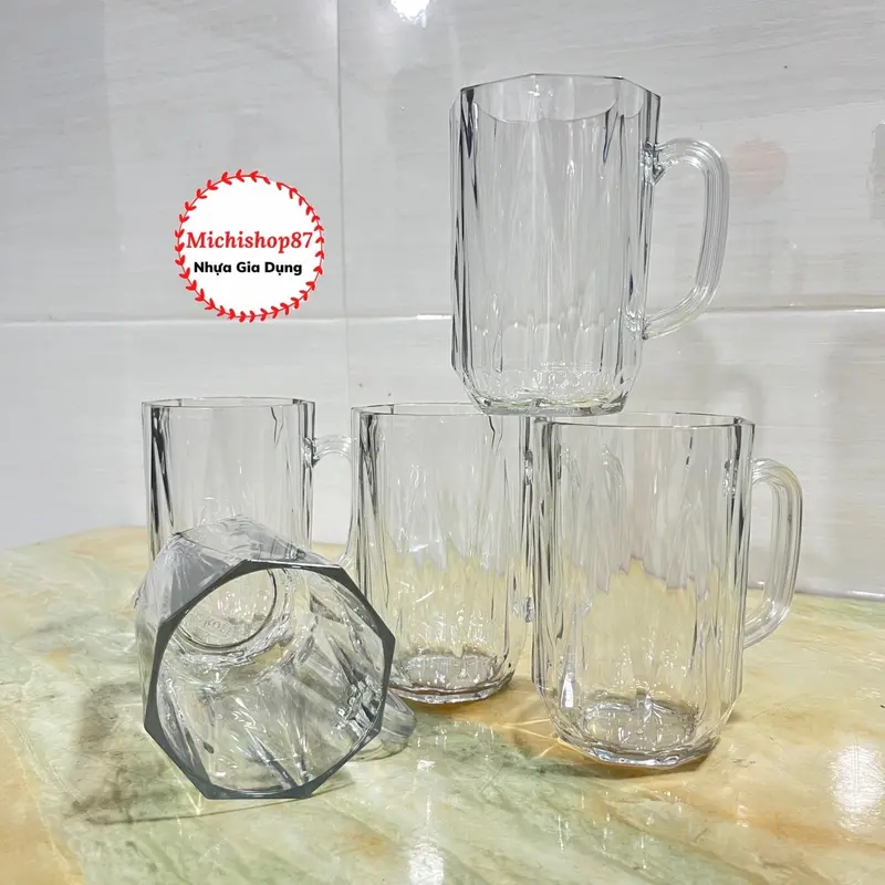 Cốc Nhựa Kim Cương Trong Siêu Dày Không Vỡ Chịu Nhiệt  Cao 450ML, 460ML Có Quai Cầm Uống Bia, Cốc Nước, Cốc Sinh Tố Siêu Đẹp Nhựa (Mã 6388, 6389 quai) 1