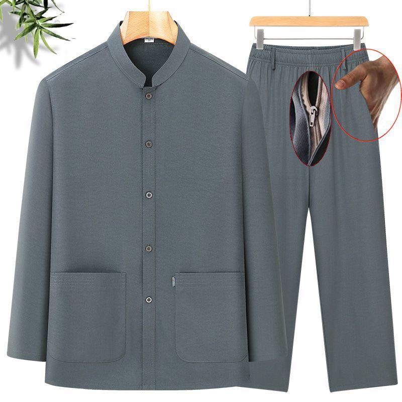 Đồ bộ nam trung niên cao cấp dài tay hè thu cổ tàu sang trọng bộ quần áo nam trung niên cho người già bộ đũi nam cho bố