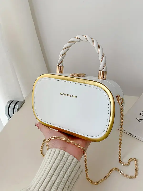 Women's Fashion Buckle Twist Decor Top Handle Chain Strap Crossbody Bag, Simple Letter Detail Metallic Trim Design All-match Box Bag, PU Leather Satchel, Unique Bags, Everyday Bags, Purse Women, Unique Gifts for Women 4