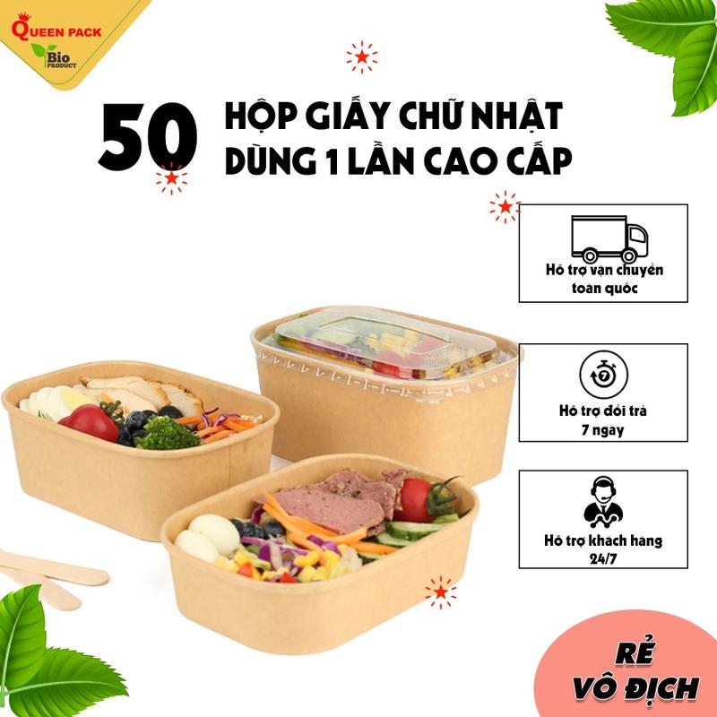 Sỉ 50 Hộp giấy kraft HÌNH CHỮ NHẬT đựng thực phẩm 750ml/1000ml kèm NẮP NHỰA đẹp, giá xưởng