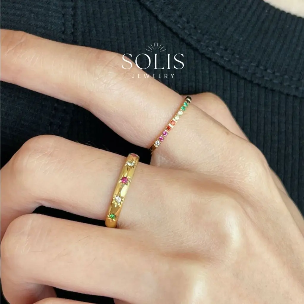 Rainbow Star  Band Statement Gold Ring • Waterproof Non-Fade • Stackable Minimalist Simple Basic Rings For Women • 316L Stainless Titanium Steel RG330 Solis Jewelry