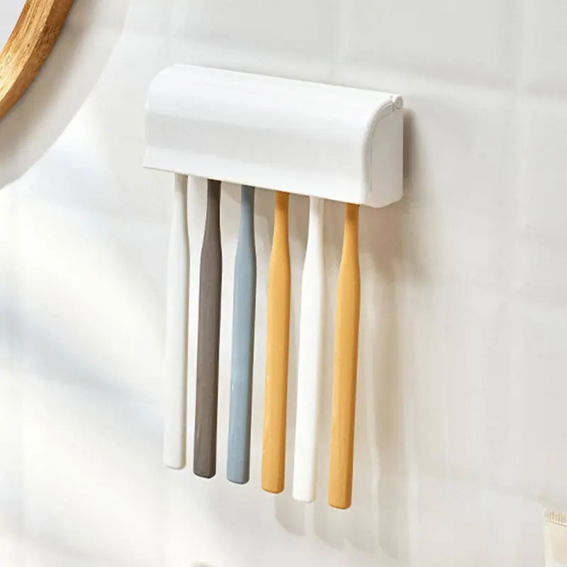 1 Piece Wall Mounted Toothbrush Holder, Punch-free Plastic Toothbrush Storage Rack With Cover For Bathroom 7