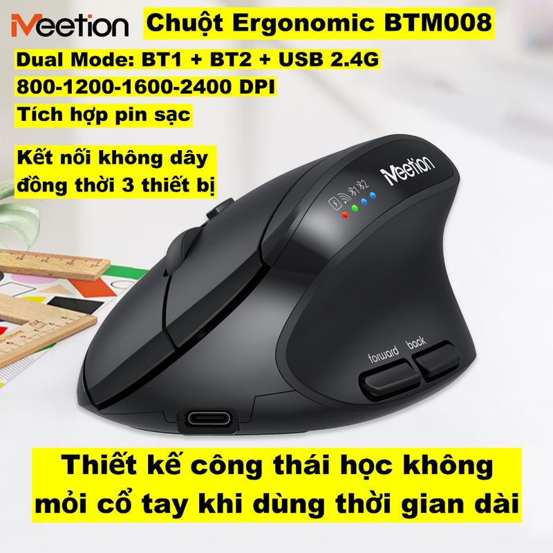  Chuột Không Dây Meetion BMT008 Dual Mode Blueooth + USB 2.4G Độ Nhạy 800-2400DPI Thiết Kế Ergonomic Tích Hợp Pin Sạc 