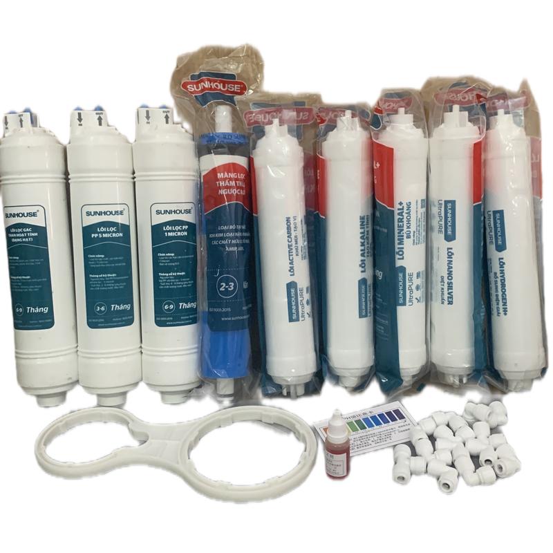 [TRỌN  BỘ] 9 Lõi Lọc Nước Đúc SUNHOUSE - [Lõi đúc 123 - Màng Lọc RO - Lõi khoáng 56789] dùng cho máy lọc RO tặng góc nối , tay công, 1 lọ thử PH, lọc tạp chất, mùi màu nước, nâng cao pH, bổ sung khoáng chất ,tạo vị ngọt của nước