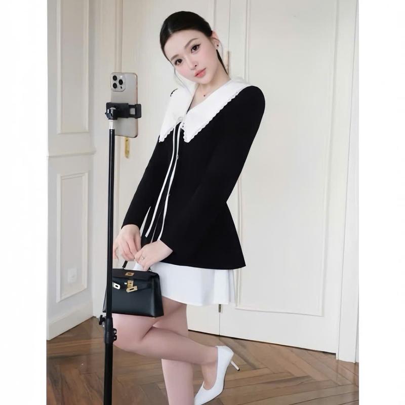 Set váy nữ áo nhung dài tay thiết kế cổ bẽ phối ren thắt nơ mix chân váy cotton lạnh form ngắn xinh xắn dành cho nàng di chơi. Women Top 2