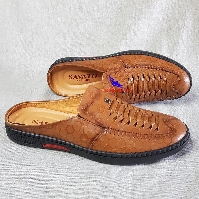  Giày Sục Nam Da Bò LÓT DA CỪU Dép SaBo Nam Dép Nam Bít Mũi có KHÂU ĐẾ Giày rọ nam Giày mùa hè đục lỗ thoáng khí giày lười nam da bò đục lỗ R-3 màu nâu 