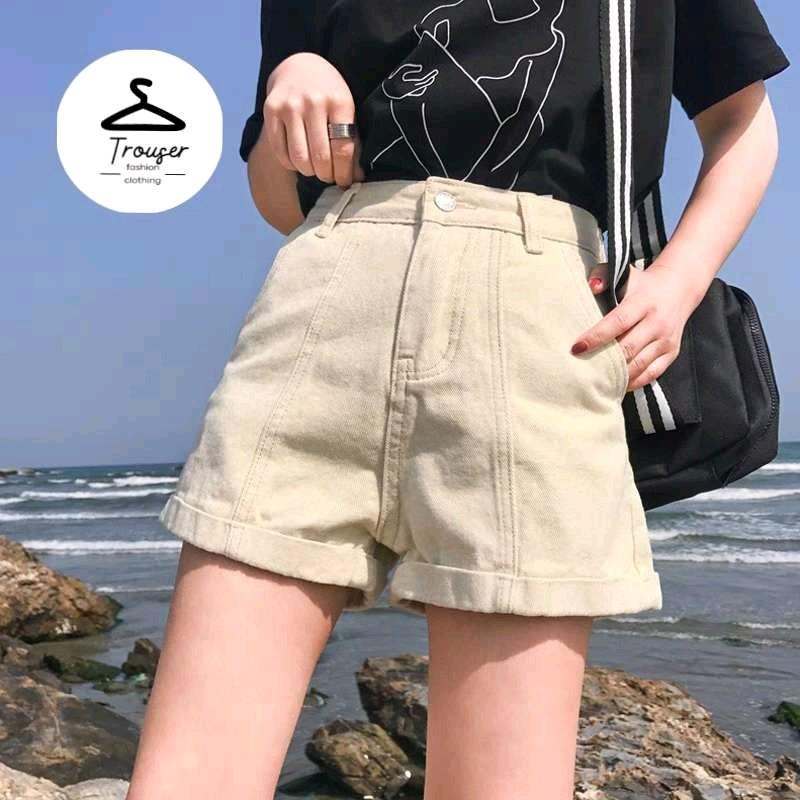 Quần short jean nữ ống rộng lưng cao gập gấu 3 màu đen, be, trắng vải jean kaki dày dặn không phai màu 1