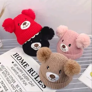 Topi Kupluk Bayi Anak Rajut Pompom Pom Pom Beruang Lucu