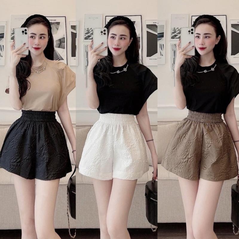 Quần short nữ ống rộng lưng cao cạp thun chun có túi in phồng hoa nổi - Quần đùi nữ mặc ở nhà đi ngủ thể thao đi biển Màu đen Màu trắng Có hoa Pants Ong Women