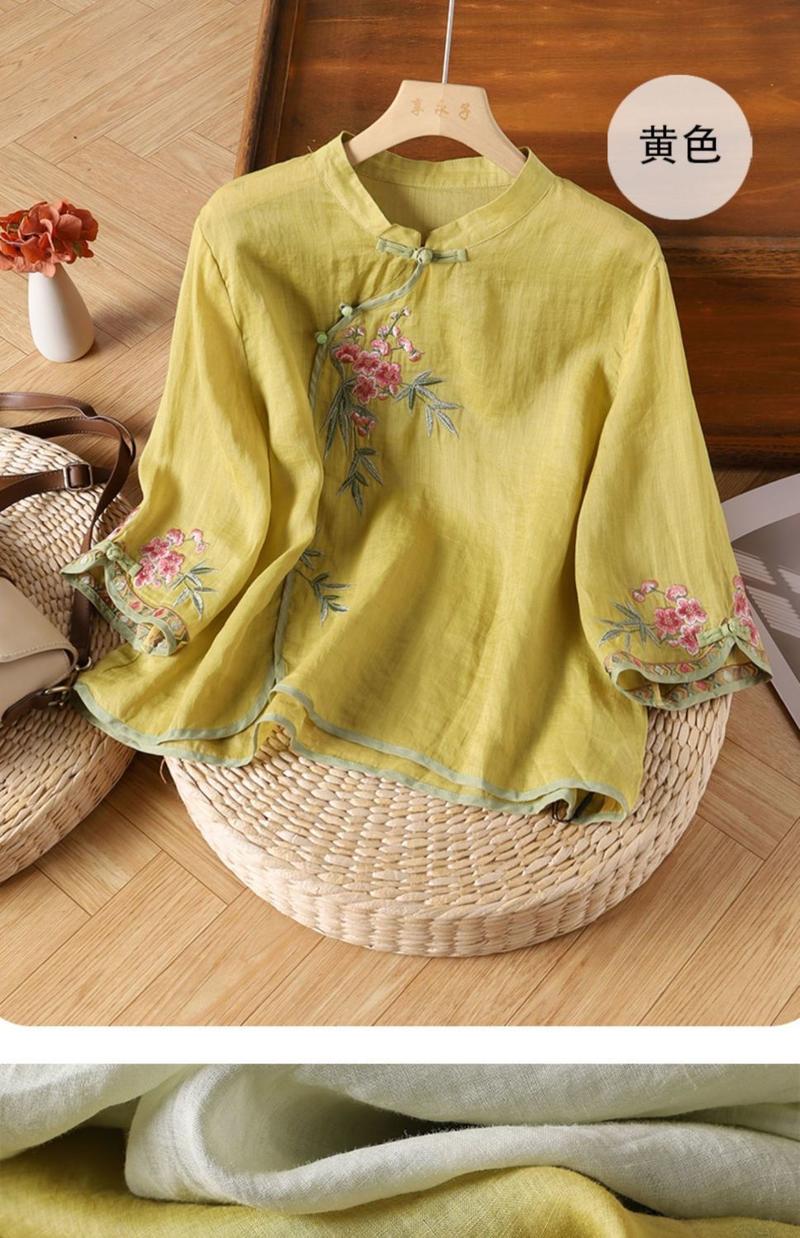 Product Introduction of Áo Cánh Cổ Điển Nút, Cổ Chân Đế, Vạt Nghiêng, Phong Cách Dân Tộc, Thêu Nặng, Làm Bằng Vải Lanh Bông, Tay Áo Ba Phần Tư, Dành Cho Nữ, Hàng Mới Về Mùa Hè 2025 Top Women Sơ Mi 12