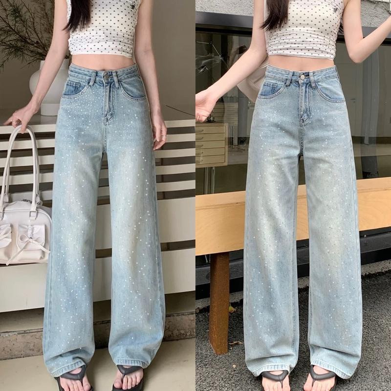   MINA JEANS  Quần Jean Ống Suông Vải QCCC Đính Đá Kim Tuyên Full Quần 