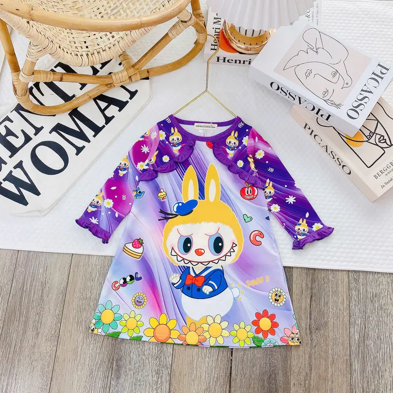 Bộ váy dài tay Cho Bé Gái 7-30kg-từ 7 tuổi trở xuống-Bộ Dài Tay In Hình Hoạ Tiết LABUBU, chất thun lạnh 3D Cho bé gái mềm mịn thoáng mát Có độ co giãn 4 chiều cho bé hoạt động thoải mái dành cho bé cao dưới 1m5 set baby mềm 4