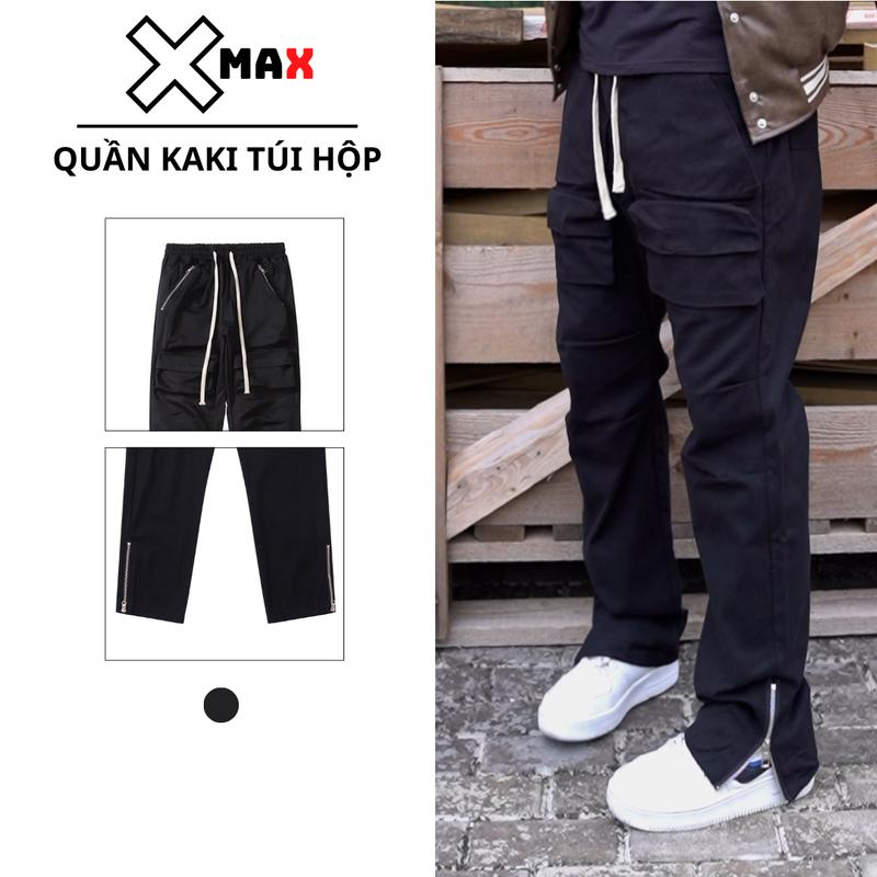 Quần kaki túi hộp nam XMAX ống rộng gấu xẻ cúc bấm cạp chun dáng đứng cargo pants B131 Menswear