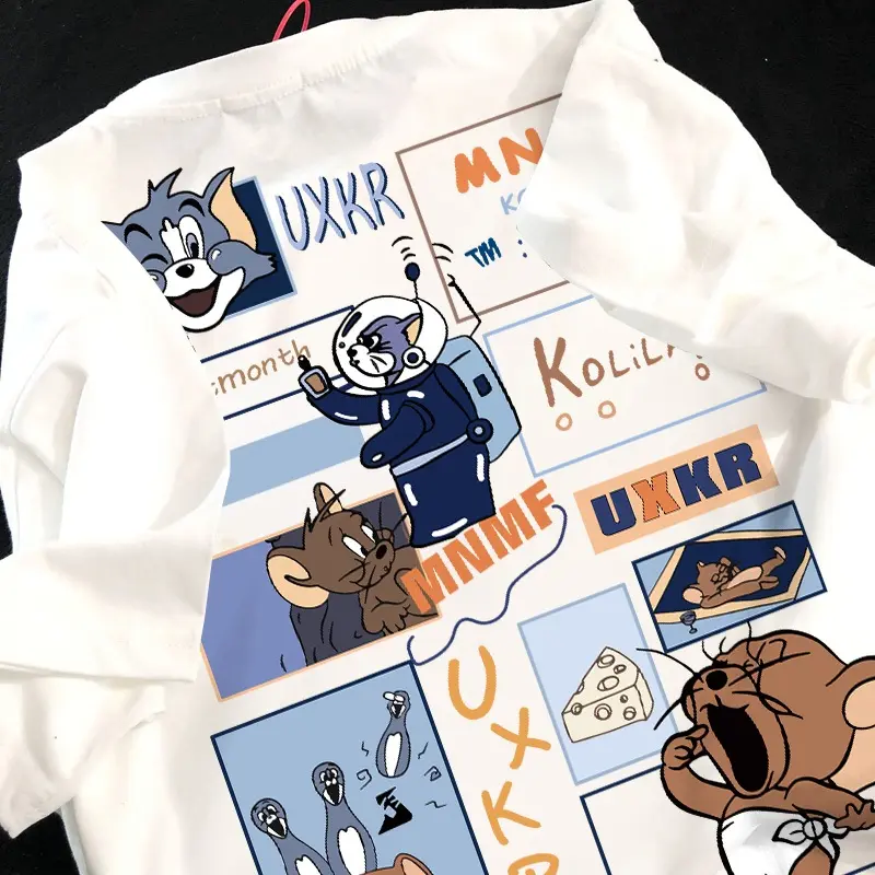 TANIASTORE Sunsky Baju Kaos Distro Oversize Pria Tom and Jerry T Shirt Vintage Putih Crewneck Jumbo Pria XXL Atasan Kaos Anime Jumbo Hitam Dewasa Lengan Pendek Keren Premium
