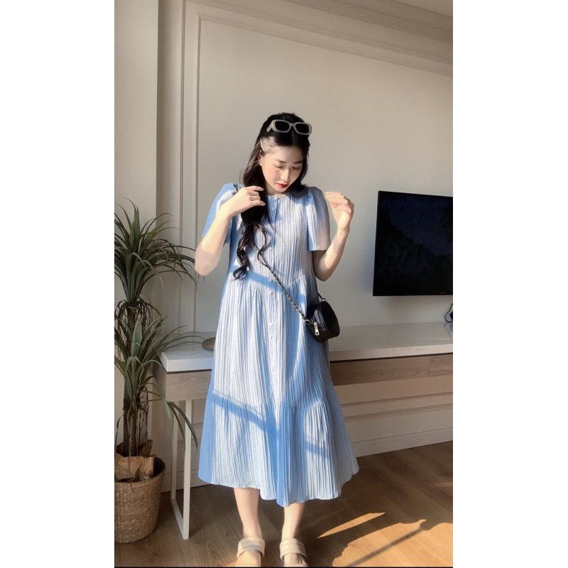Váy babydoll, Đầm váy bầu Babydoll ba tầng gài cúc from rộng chất Đũi gân Nữ Women Voan Voi Dress 7