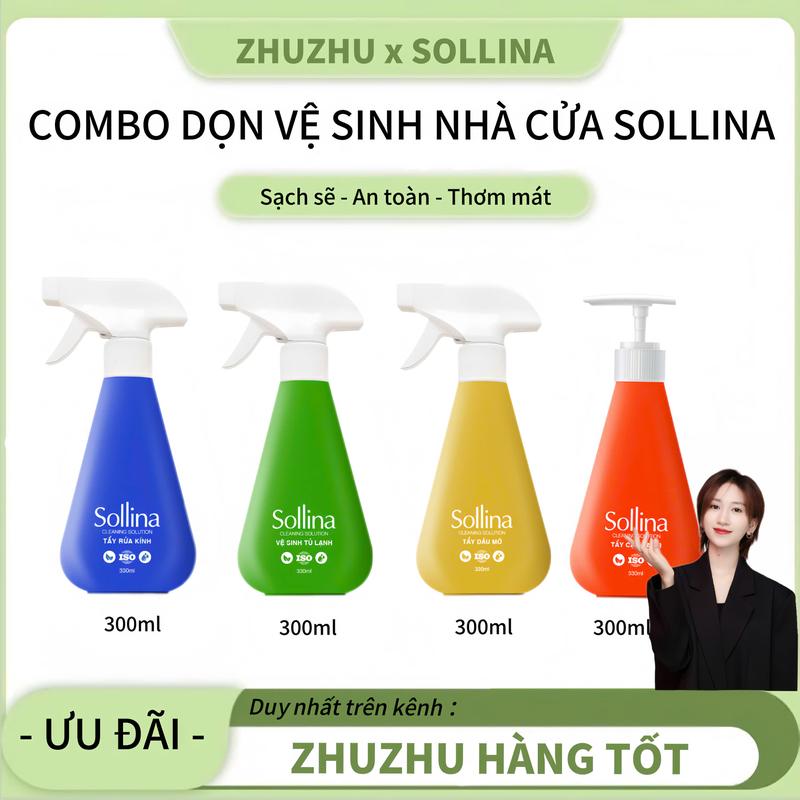 [ĐỘC QUYỀN ZHU ZHU] Combo 2 Chai Nước Tẩy Rửa Sollina (1 Tẩy Cặn Canxi + 1 Tẩy Dầu Mỡ) TẶNG KÈM Nước Tẩy Rửa Kính Đa Năng & Nước Vệ Sinh Tủ Lạnh (300ml/chai) - Làm Sạch Nhà Cửa