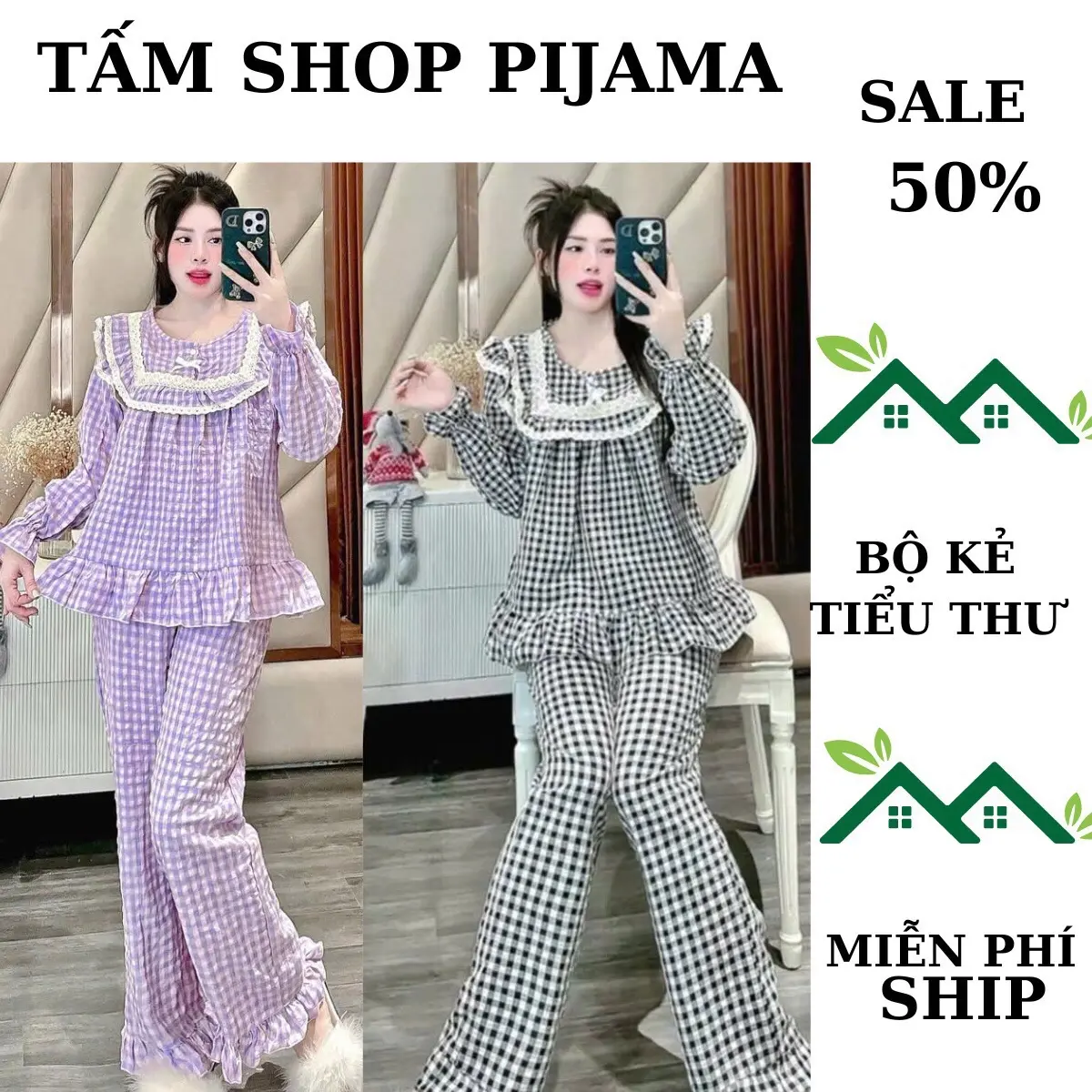 COMBO 2 BỘ PIJAMA kẻ caro phối ren tay dài quần dài phom dáng babydoll (size 40-60kg) Women Dài Tay