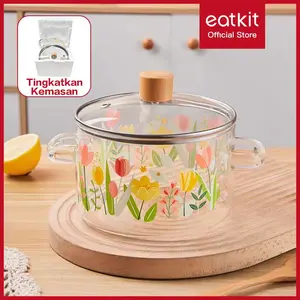 Eatkit Panci Soup Kaca Borosilikat 1600ml Transparan Tahan Panas Cocok untuk Sup Air Salad Motif Bunga & Karakter Kitchenware