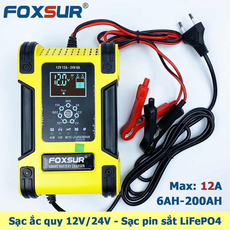 Sạc bình ắc quy 12V 24V 6Ah - 200Ah FOXSUR 12A sạc pin sắt LiFePO4 tự ngắt khi đầy khử sunfat khôi phục ắc quy