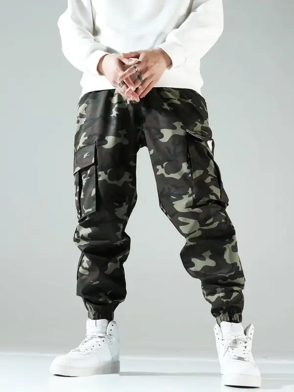 Men's Camo Print Drawstring Waist Cargo Pants, Regular Fit Flap Pocket Utility Pants, Men's Trousers for All Seasons, Lounge Men Clothes 4