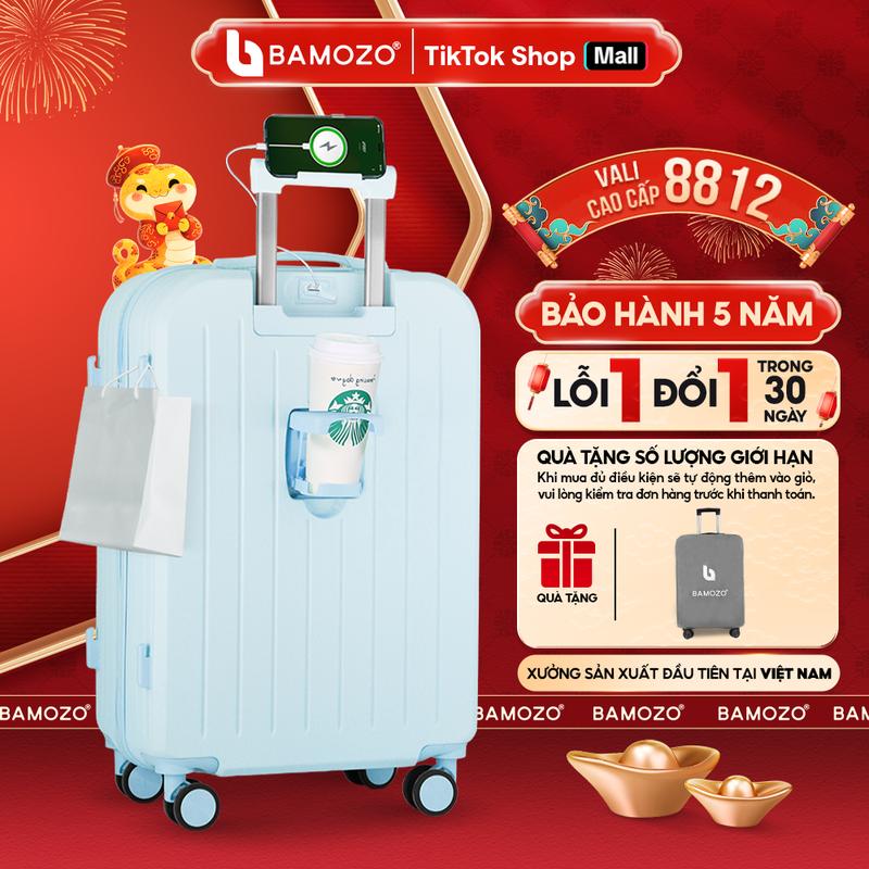 P1 Vali Du Lịch Bamozo 8812 Size 20 24 Nhựa ABS + PC Bản Cao Cấp Cổng Sạc USB Khay Đựng Cốc Giá Đỡ Điện Thoại - Tặng Bọc Vali