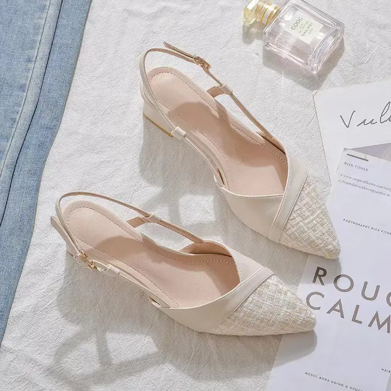 French Style Small Fragrance Closed Toe Chunky Heel Single Shoes Women's Shoes 2025 New Pointed Toe One Strap Mid Heel Sandals Spring Summer Versatile