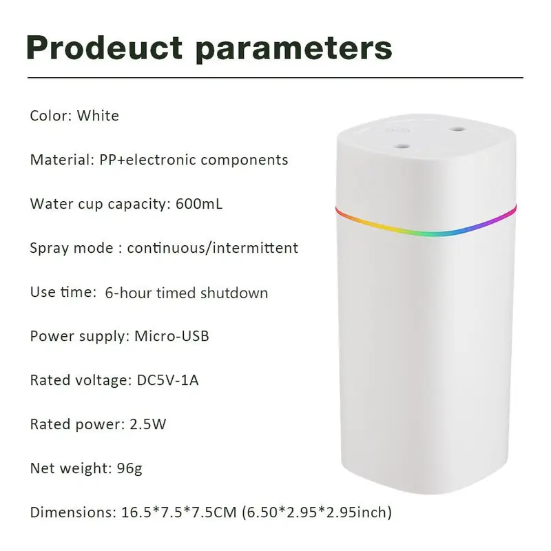 600ML Double Nozzle Aroma Humidifier, USB Powered Air Humidifier with Colorful Atmosphere Light, Portable Air Humidifier for Home Office Car 8