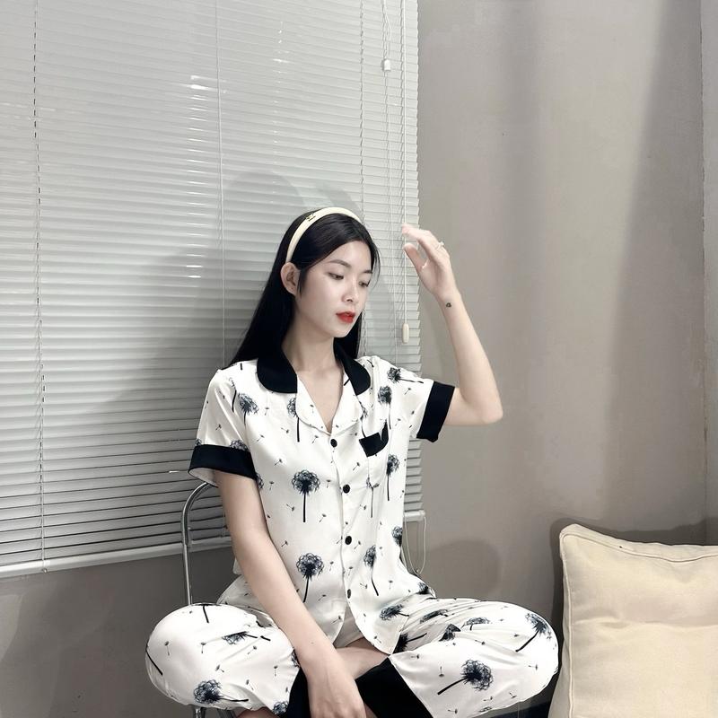 LAC - Bộ ngủ Nữ chất liệu Lụa Satin hoạ tiết Cỏ Bông Lau mã CDST01 Women Áo 2