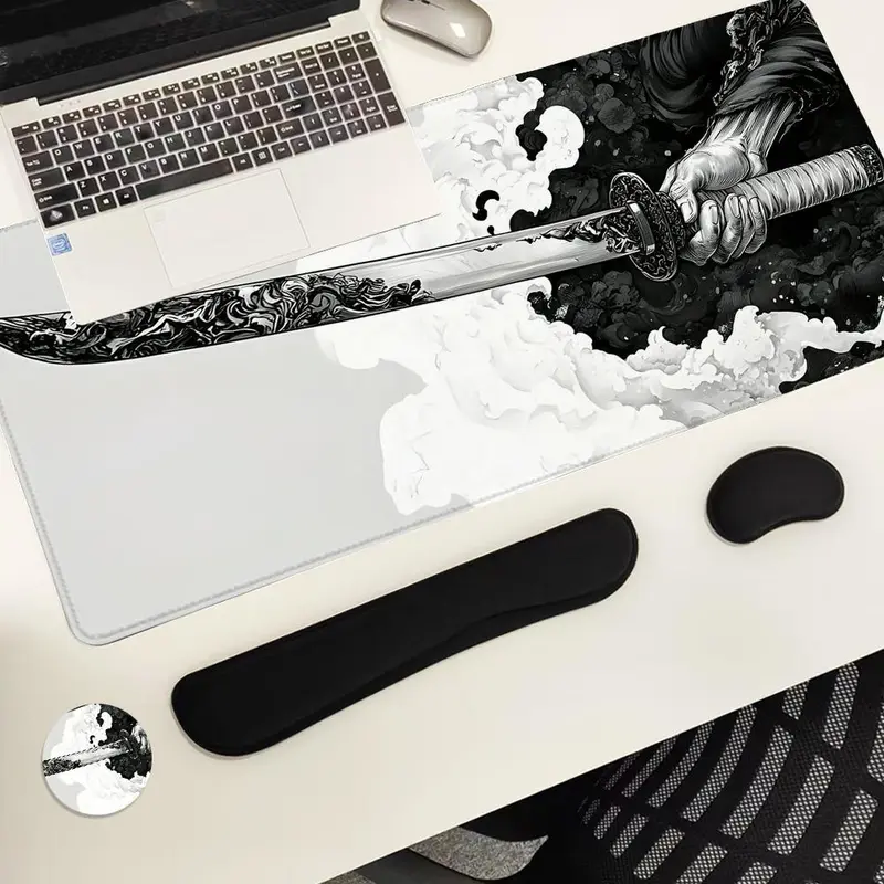 Manga Katana Pattern Mouse Pad & Keyboard Wrist Rest & Ergonomic Mouse Pad & Cup-Coaster Set, Ergonomic Wrist Support, Waterproof Computer Mat, Suitable for Home Office Gaming 4