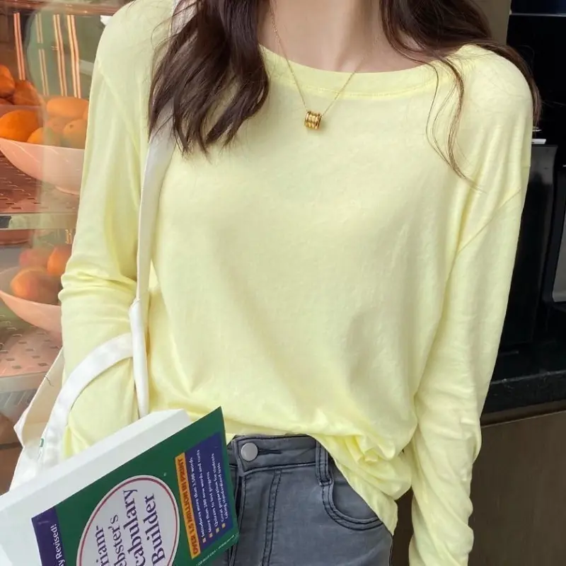 Áo Thun Nữ Mỏng, Màu Pastel Cổ Tròn, Áo Lớp Nền Dài Tay, Dáng Rộng Rãi Và Bó Sát, Màu Trơn Dễ Phối Đồ Hàng Mới Về, Dành Cho Nữ Women Top Voi Voan