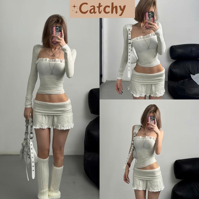 Set Váy Nữ 3 Món Áo Ống Viền Rên Mix Chân Váy Ngắn Cạp Cao Bảng To Kèm Khoác Body Croptop Tay Dài CATCHYstore Set Bộ Váy Ngắn Nữ Phong Cách Cá Tính Quyến Rũ Y2K Women Ren Xám Thun
