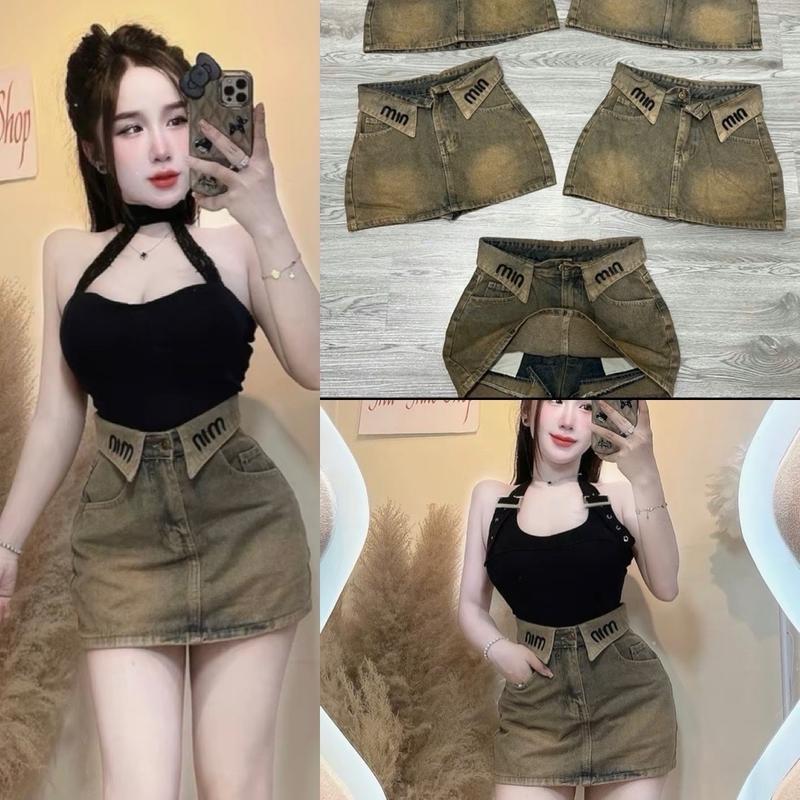Chân váy jean thêu chữ có kèm quần trong KHÔNG KÈM ĐAI NỊT ( jean không co giãn )