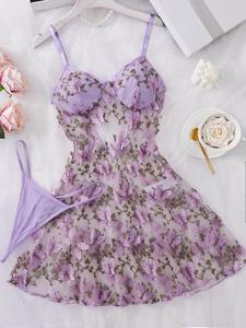 女性の蝶の刺繍のCami Nightdress&Thongのセクシーなランジェリーセット、快適でエレガントなNightyドレスセット、すべての季節のためのレディーススリープウェア