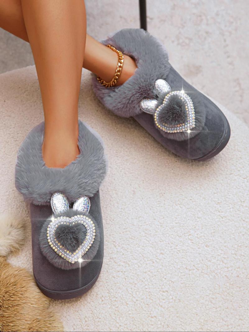 Product Introduction of Women's Cute Rhinestone Heart Decorated Plush Slippers, Casual Soft Comfortable Home Slippers, Warm Slippers for Indoor & Outdoor Use for Fall & Winter 3