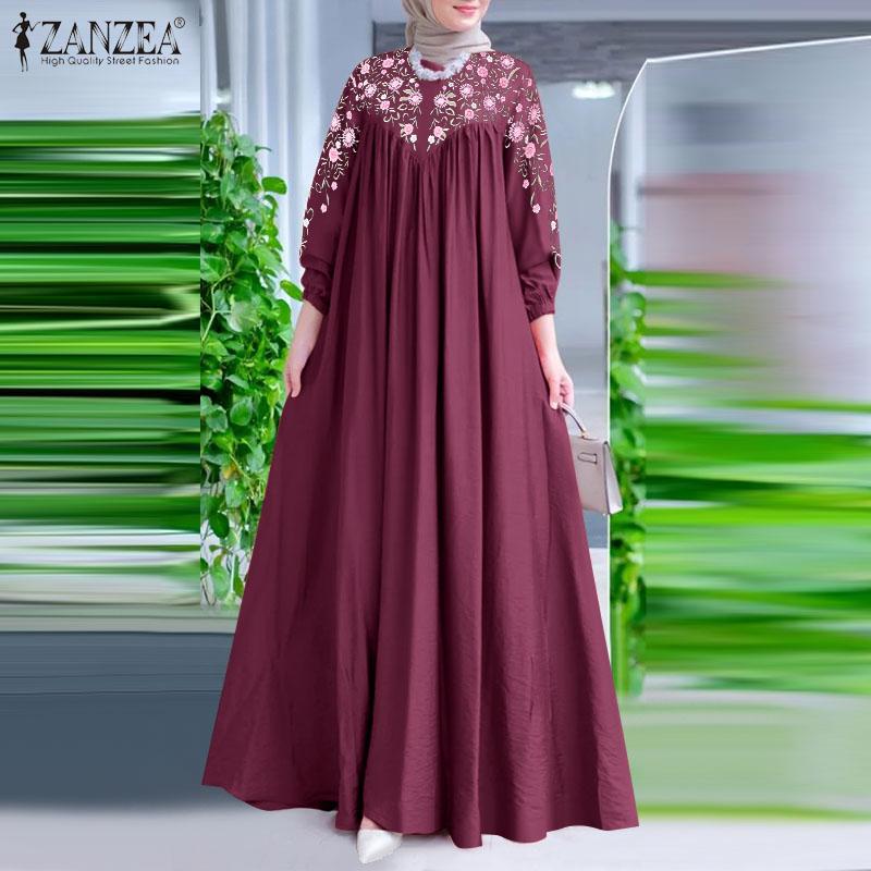 Váy Chữ A, ZANZEA, Dành Cho Phụ Nữ Hồi Giáo, Váy Đi Nghỉ Mát, Có Tay Lồng Đèn, In Hoa Cổ Điển Và Ghép Nối, Váy Maxi, In Hoa Ngẫu Nhiên 1