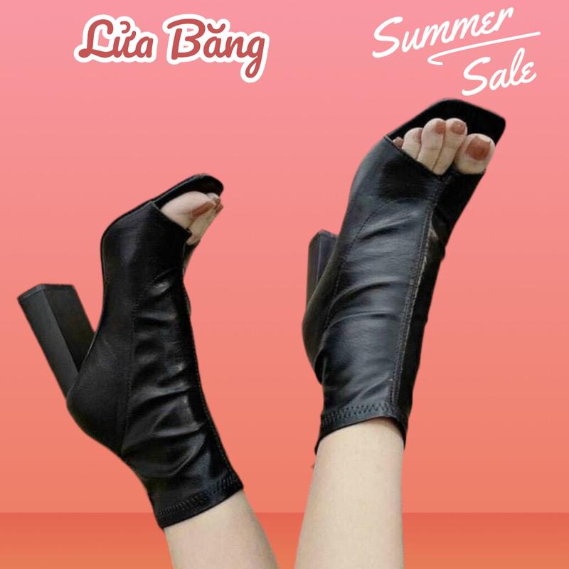 Boot xỏ ngón bốt hở mũi gót 8 phân 7295 (fullbox hàng QC chất da mềm) Nữ GiàY giay  bot