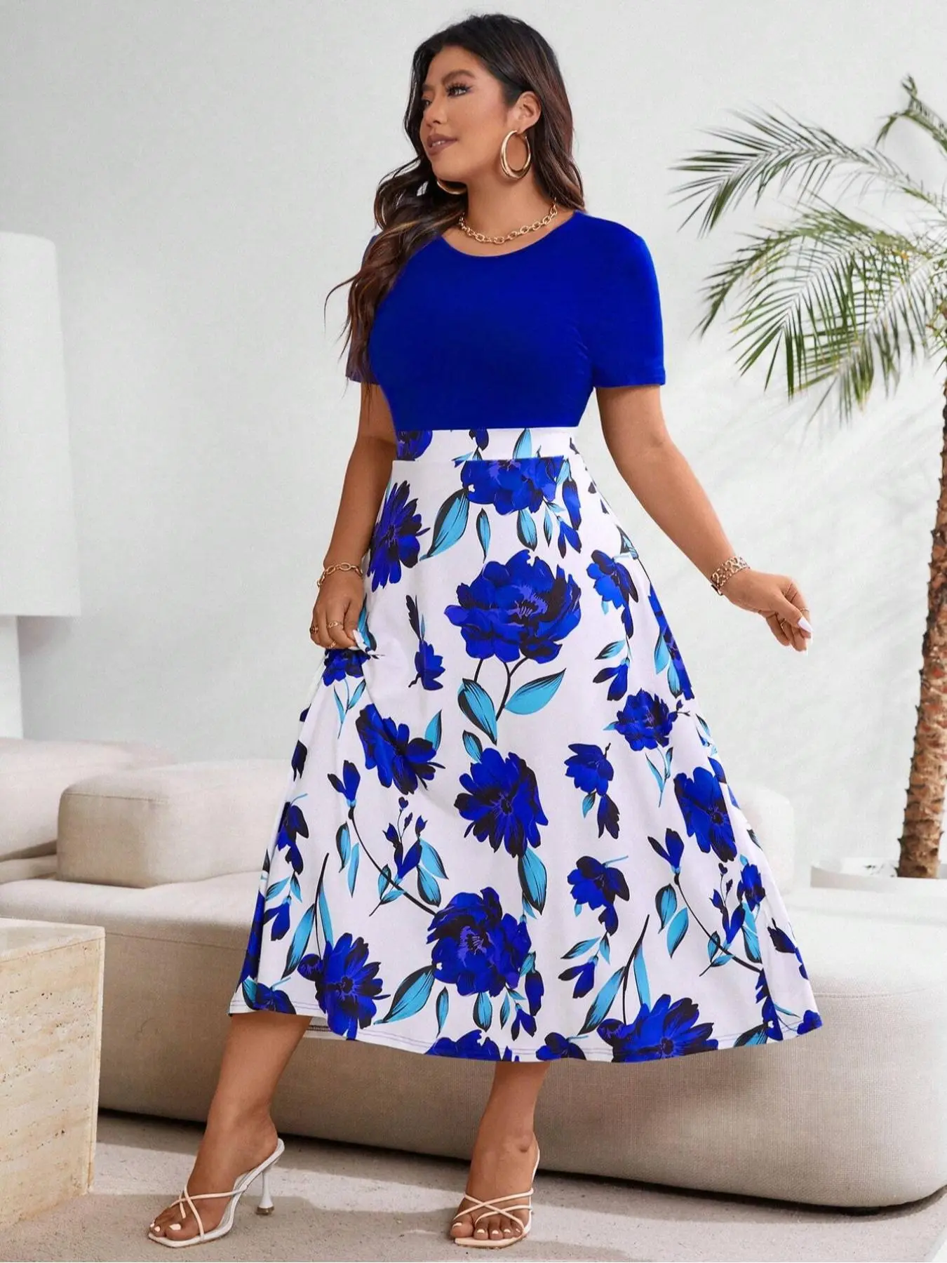 【Plus Size】 Floral Print Short Sleeve Dress, Elegant Round Neck Dress for Summer, Women's Plus Clothing for Daily Wear, Summer Dresses