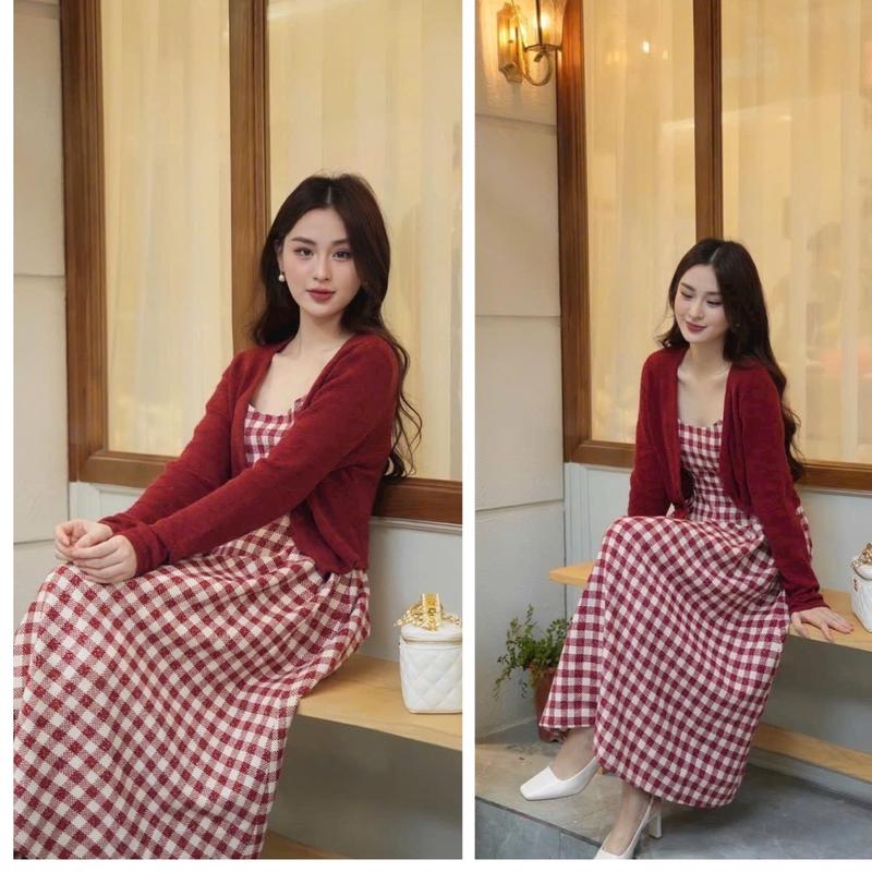  Sét váy CaRo nữ hai dây   có mút  kèm áo khoác sang chảnh THÍCH HỢP KHI ĐI CHƠI Women Top Kem 