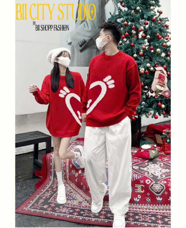 Áo Sweater Đôi Trái Tim Nữa Đỏ Đen phong cách, Áo sweater đôi from Rộng Phong Cách Unisex Basis Ulazang. Jacket Top Women Pants Cổ Tròn 0
