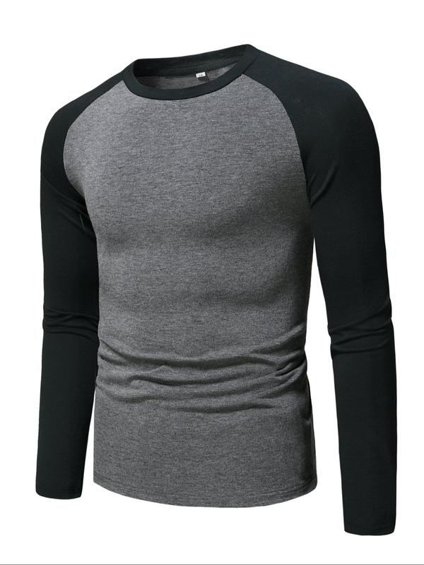 Men's Colorblock Raglan Sleeve Round Neck Tee, Casual Long Sleeve T-shirt for All Seasons, Fashion Men's Top for Daily Wear 3