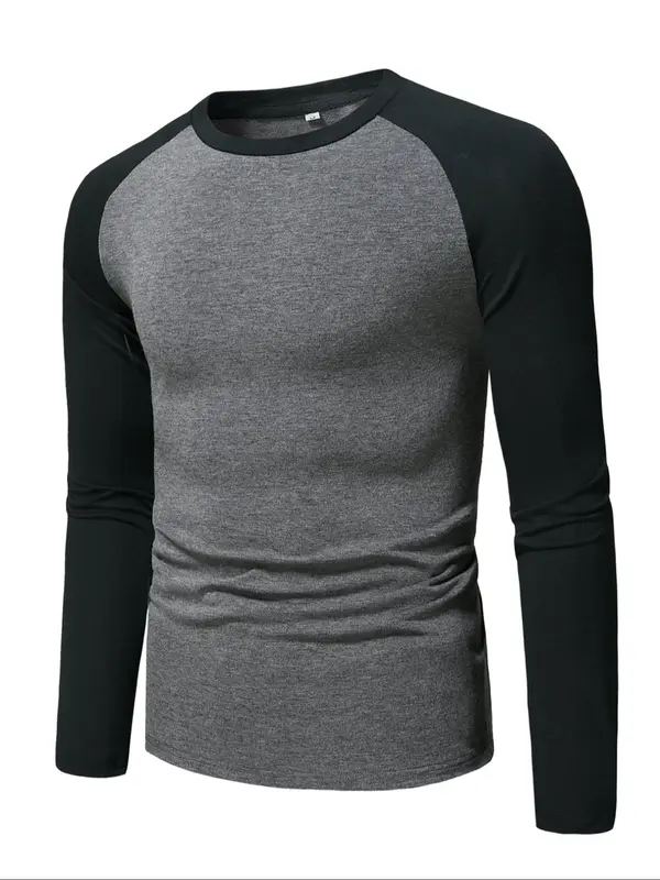Men's Colorblock Raglan Sleeve Round Neck Tee, Casual Long Sleeve T-shirt for All Seasons, Fashion Men's Top for Daily Wear 3