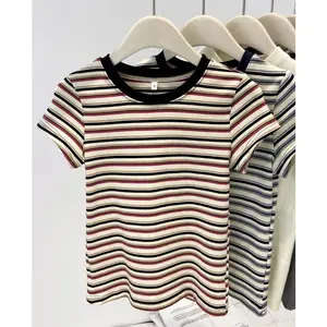 kaos round neck lengan pendek stripe slim atasan wanita kekinian populer terlaris korean style COD