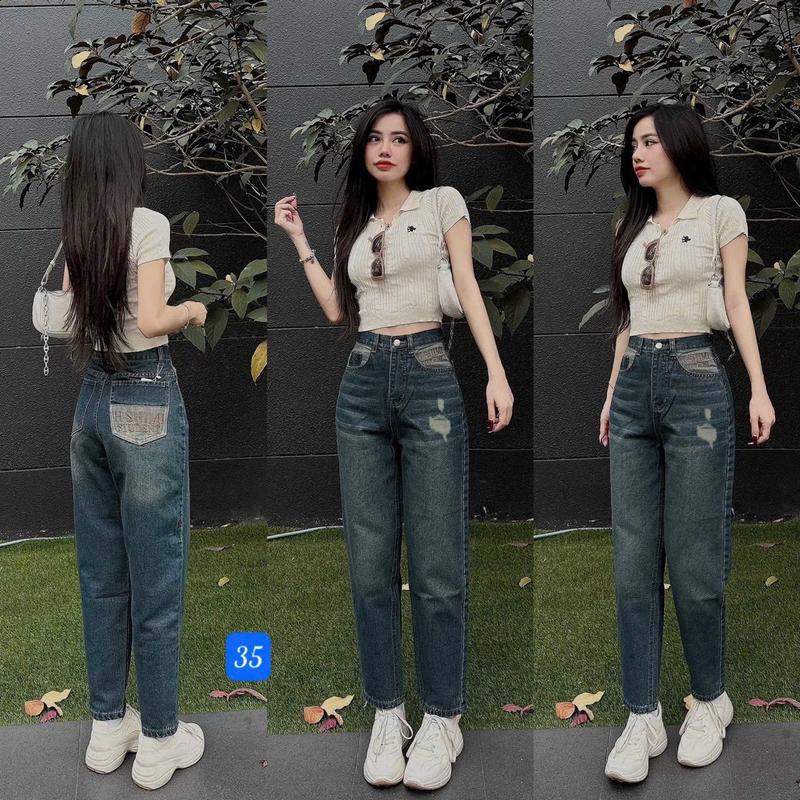 Quần baggy jean dài TRƠN thêu chữ nau,jean rộng không co dãn