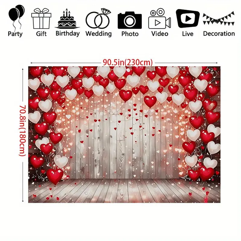 Heart Shaped Balloon Pattern Background Banner, 1 Count Wooden Board Background Banner, Photo Background, Birthday Background, Anniversary 3