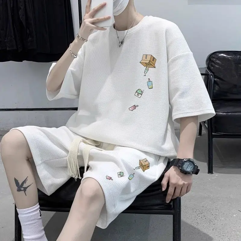 Bộ Áo Phông ngoại Cỡ Thiết Kế Bánh Quế, Dành Cho Nam Giới, Trang Phục Mùa Hè, ngắn Tay Áo, Quần Đùi, Bộ Hai Mảnh, Thời Trang Thể Thao Thường Ngày Phù Hợp
