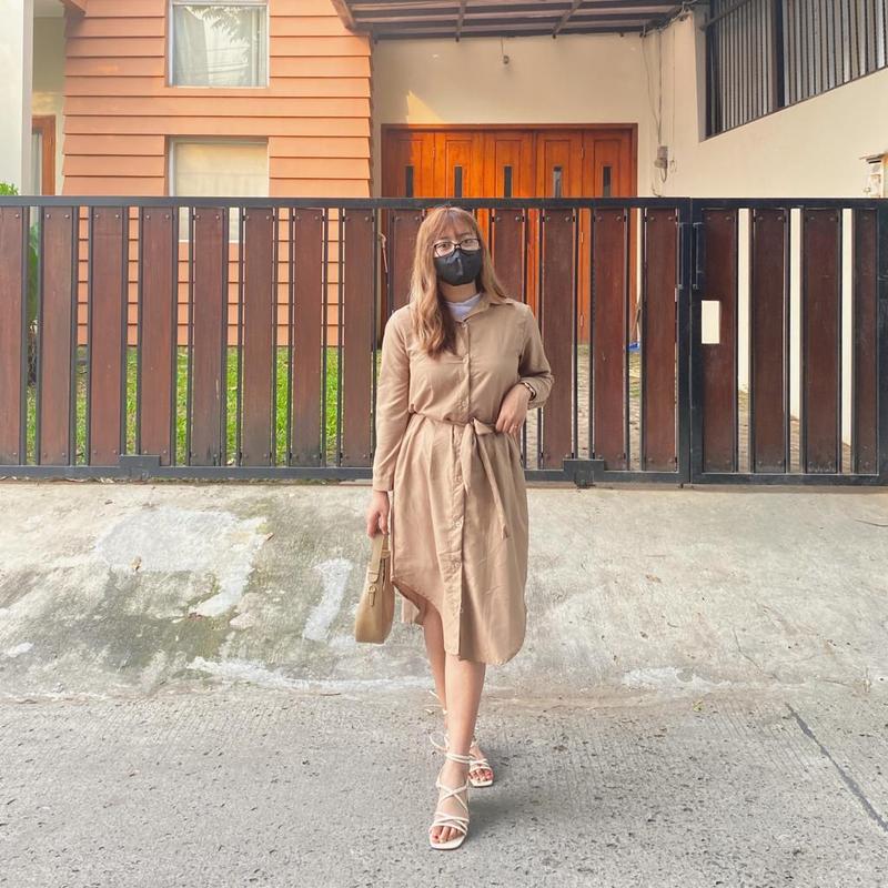 TREXUS - ZEC Dress Kasual HENA / Dress Casual Anastasia / Kemeja Dress Midi Wanita Polos Full Kancing Lengan Panjang 5