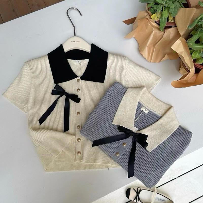 Áo polo len mỏng cộc tay nơ nơ rời chất liệu mặc 4 mùa